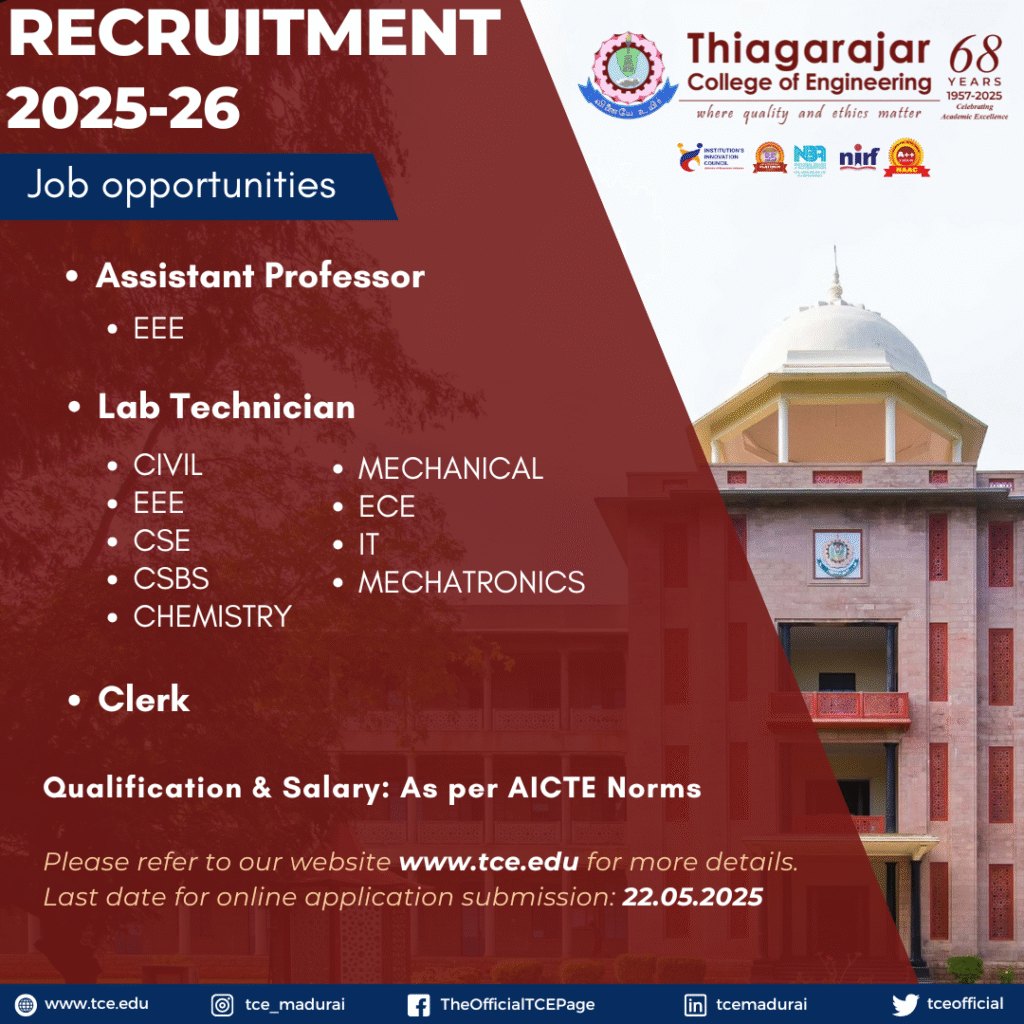 Thiagarajar College of Engineering (TCE) Recruitment 2025