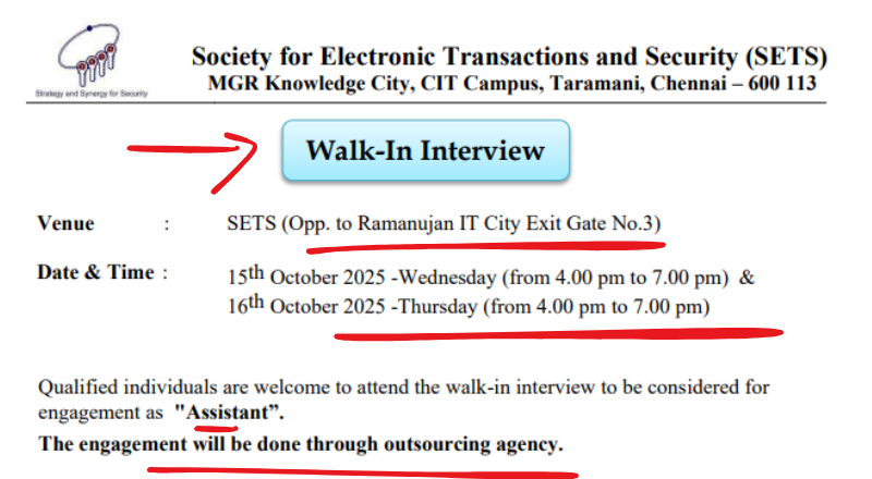 SETS Chennai Recruitment 2025