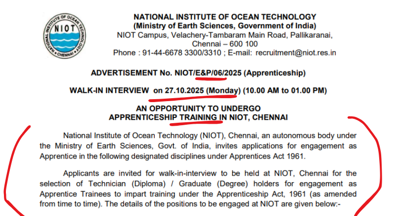 NIOT Chennai Recruitment 2025
