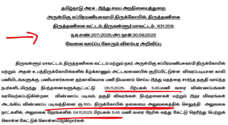 Thiruthani Murugan Temple Recruitment 2025