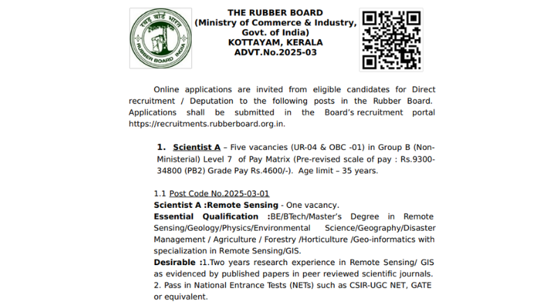 Rubber Board Recruitment 2025