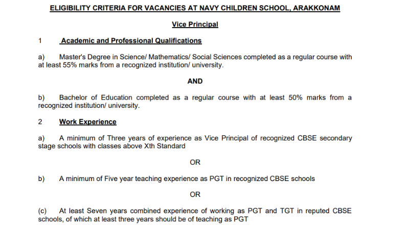 Navy Children School Arakkonam Recruitment 2025