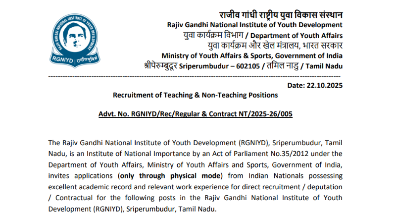 RGNIYD Sriperumbudur Recruitment 2025