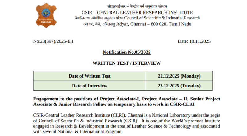 CLRI Chennai Recruitment 2025