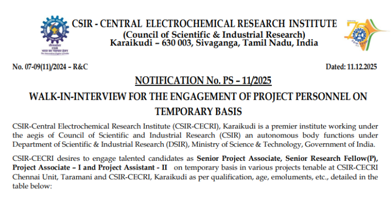 CECRI Karaikudi Recruitment 2025