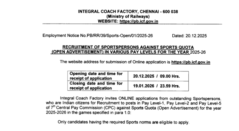 ICF Chennai Recruitment 2026