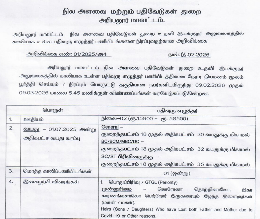 Ariyalur Land Survey Records Department Recruitment 2026